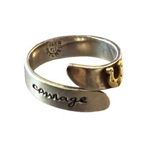 Sterling Silver "Courage" Far Fetched wrap Ring Gold-Tone Heart Accent Etched De